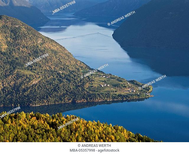 View from mount Molden, over the Lustrafjord, inner branch of Sognefjord, tongue of land of Urnes, Norways oldest stave church, Mount Molden, Lustrafjord