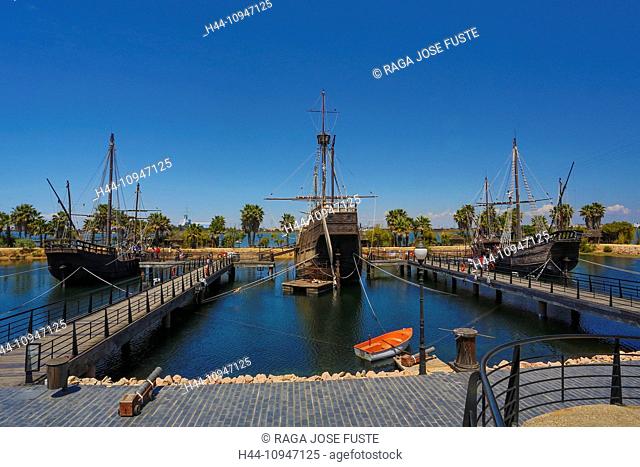 Spain, Europe, Andalucia, Region, Huelva, Province, Palos de la Frontera, City, La Rabida, Three Caravels wharf, sailing ship, America, architecture, caravel