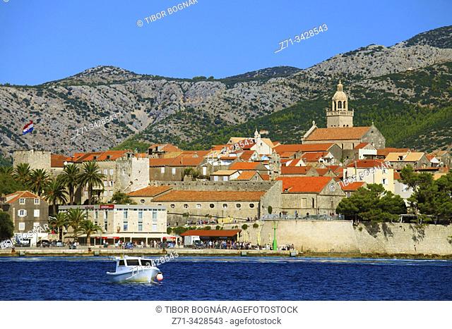 Croatia, Korcula, Old Town, skyline, general view, harbor, panorama