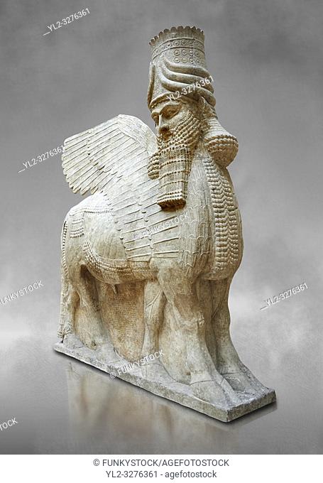 Stone statue of a winged bull. Reproduction from the facade of the throne room, Inv AO 30043 from Dur Sharrukin the palace of Assyrian king Sargon II at...