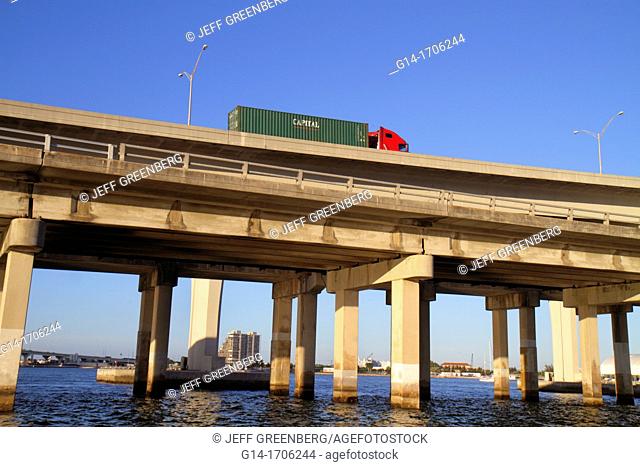 Florida, Miami, Biscayne Bay, Port of Miami Bridge, cargo container tractor trailer truck, lorrie