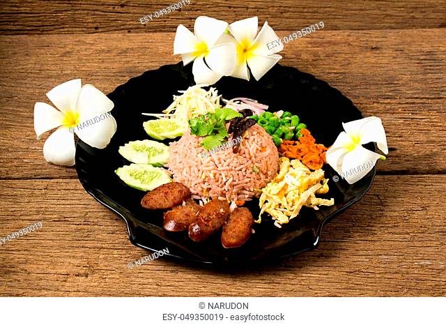 Kao Klook Ga-pi (Rice Mixed with Shrimp paste) on old wood