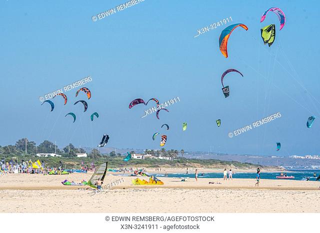 Kites Flying High Above the Shoreline of Tarifa, Cádiz, Andalusia, Spain
