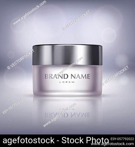 promotion banner with realistic glass jar of cosmetic cream, bottle with moisturising mask isolated on background. Skincare