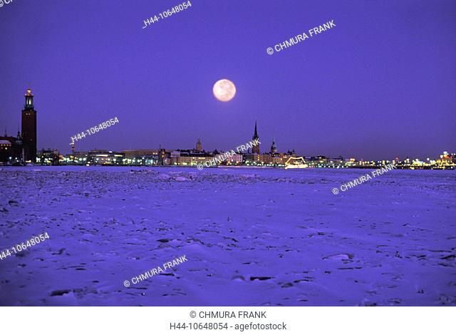 10648054, Old Town, ice, body of water, moon, night, at night, Riddarholmen, Sweden, Europe, town, city, Stockholm, full moon