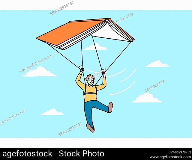 Education and learning information concept. Positive boy pupil paragliding on huge book flying on sky vector illustration