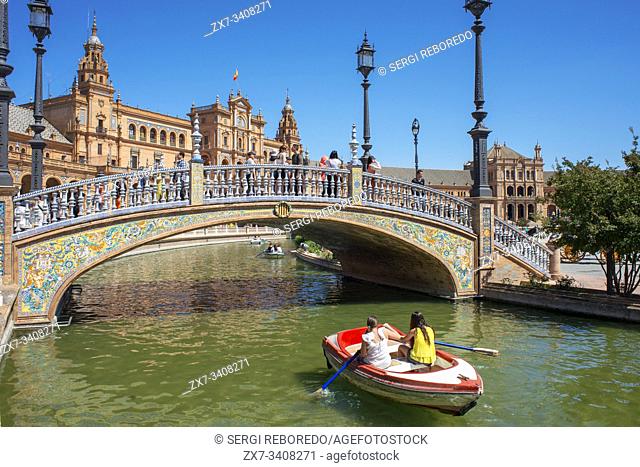 Seville Plaza de Espana, view of the boating lake in the Plaza de Espana in Seville, Andalucia, Spain