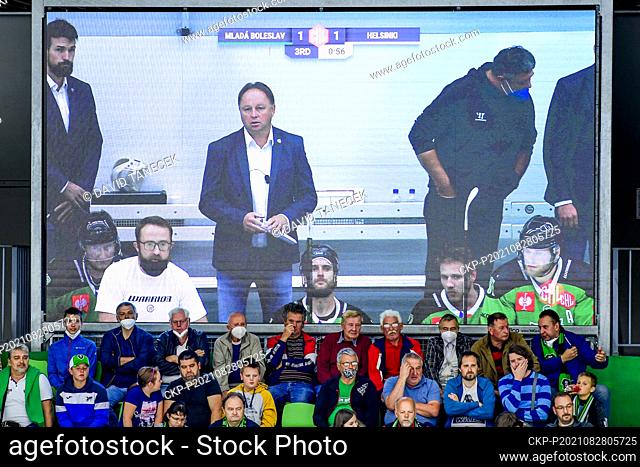 Boleslav coach Pavel Patera, center on the screen, is seen during the Champions Hockey League (CHL), an European ice hockey tournament