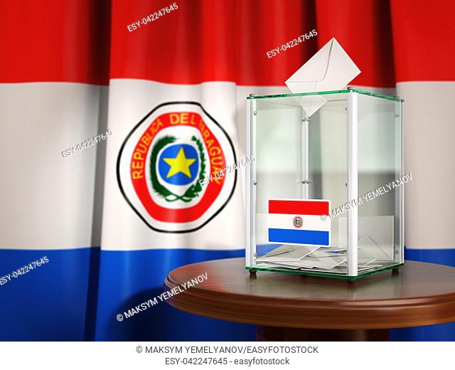 Ballot box with flag of Paraguay and voting papers. Paraguayan presidential or parliamentary election. 3d illustration