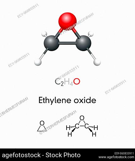 Ethylene oxide, C2H4O, molecule model and chemical formula. Also known as oxirane, is a carcinogenic, mutagenic organic compound