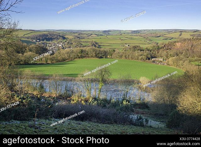 Winter view of Bampton and the surrounding countryside in winter, Devon, England
