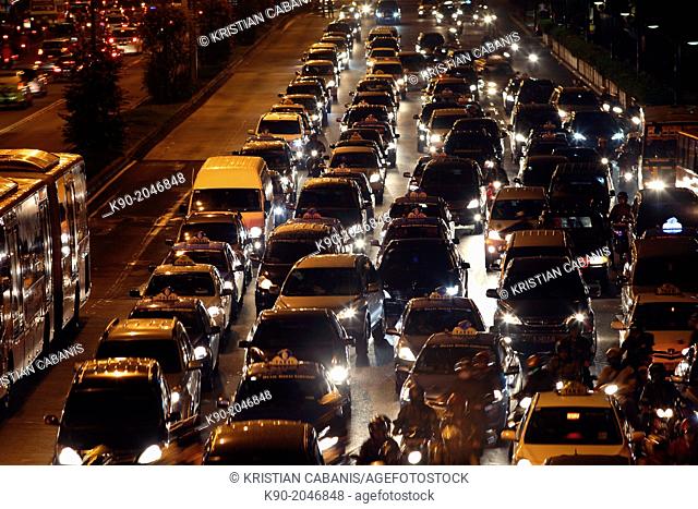 Aerial view of heavy traffic, Jakarta, Java, Indonesia, Southeast Asia