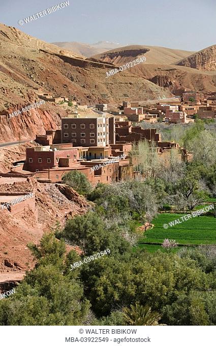 Morocco, Dades-Valley, Dades-Gorges, locality perspective, Africa, North-Africa, city, desert-city, houses, clay-houses, clay-construction-manner, tower
