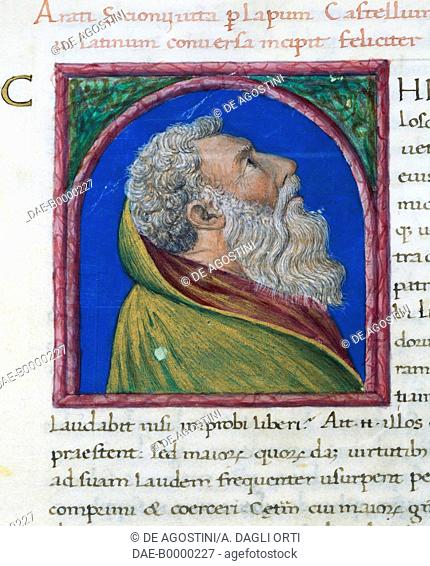 Illuminated page with profile of Arato, Volume II, left 2, f 16 v, Vitae virorum illustrium, by Plutarch (ca 46-127), manuscript. Italy, 15th century