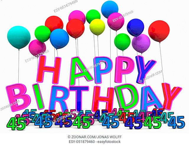 Happy Birthday Buchstaben hängen an Luftballons und davor sind Zahlen