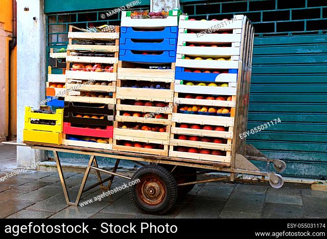Hand car with crates for fruits and vegetables