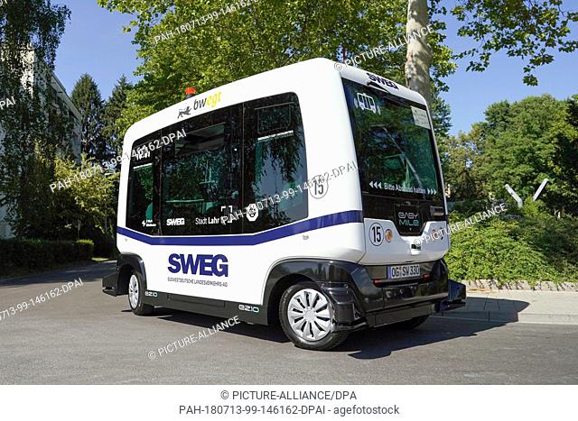 13 July 2018, Lahr, Germany: A bus of the state owned bus and railway company SWEG can be seen driving autonomously on the streets