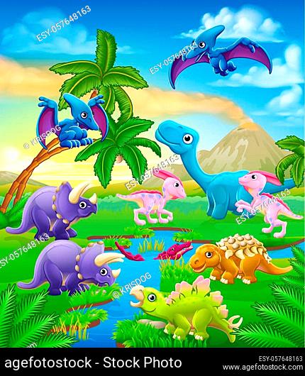 A dinosaur cartoon cute animal background prehistoric landscape scene