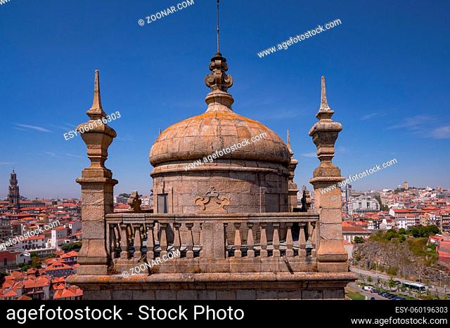 Aerial View of the City and Stone Dome from the Top of the Towers in the Roman Catholic Cathedral Sé de Porto - Portugal