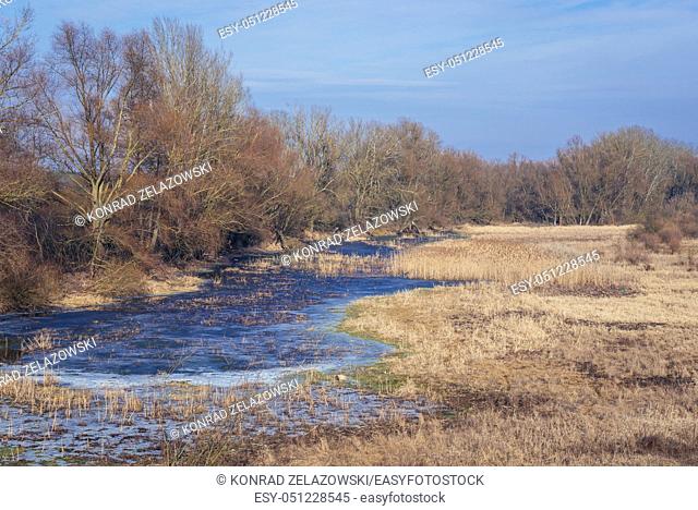 View from earth bank of Vistula River near Nowy Dwor Mazowiecki town in Masovian Voivodeship of Poland