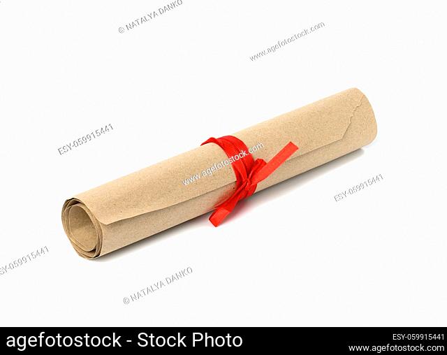 rolled up roll of brown kraft paper and tied with red ribbon