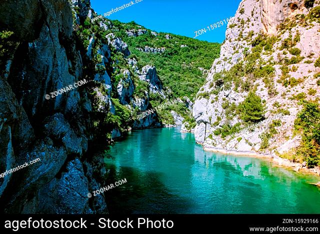 view to the cliffy rocks of Verdon Gorge at lake of Sainte Croix, Provence, France, near Moustiers SainteMarie, department Alpes de Haute Provence