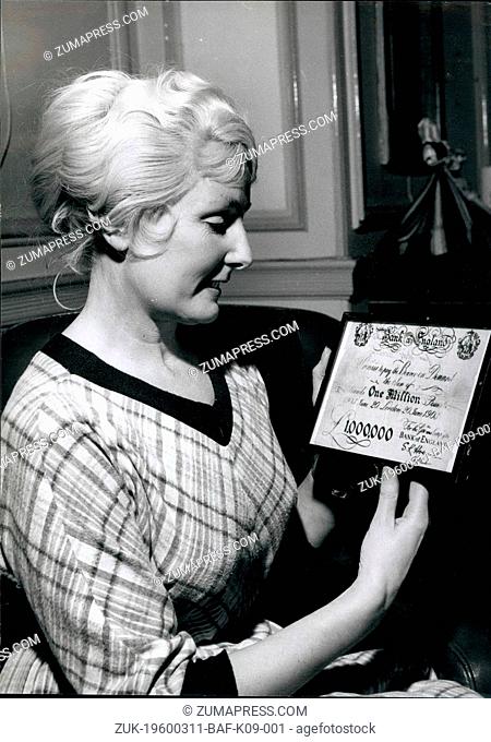 Mar. 11, 1960 - Ex-Model gets award of 1, 194 - 'Million Pound Note' - mystifies the Bank of England. Mrs. Veila Roberts