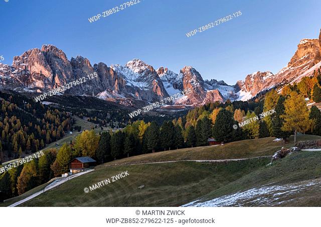 Geisler mountain range - Odle in the Dolomites of the Groeden Valley - Val Gardena in South Tyrol - Alto Adige. The Dolomites are listed as UNESCO World...