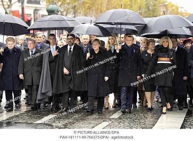 HANDOUT - 11 November 2018, France (France), Paris: Dalia Grybauskait· (l-r, front row), President of Lithuania, Lars Loekke Rasmussen