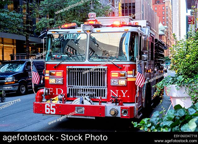New York, United States of America - September 20, 2019: A fire truck parked in the streets of Manhattan