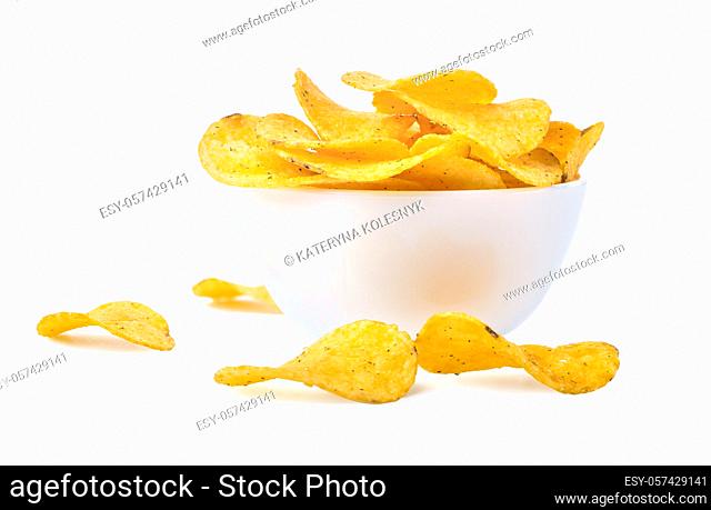 Potato chips in a bowl isolated on a white background