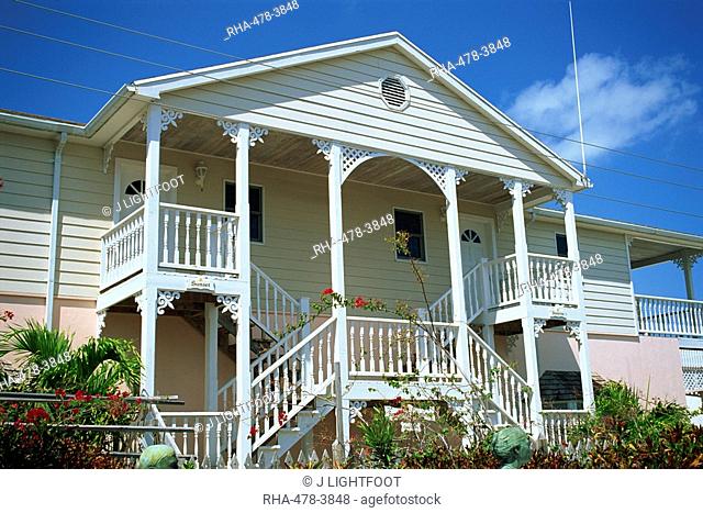 Wooden staircase to apartments, New Plymouth, Green Turtle Cay, Bahamas, West Indies, Central America