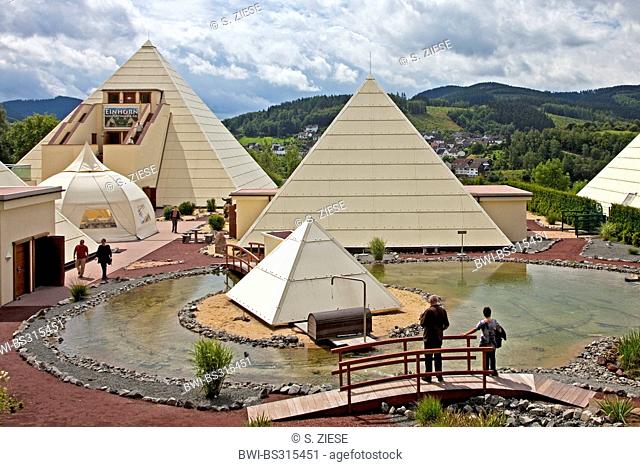 visitors at the ground of the Galileo Park of the Sauerland Pyramids in front of the district Meggen, Germany, North Rhine-Westphalia, Sauerland