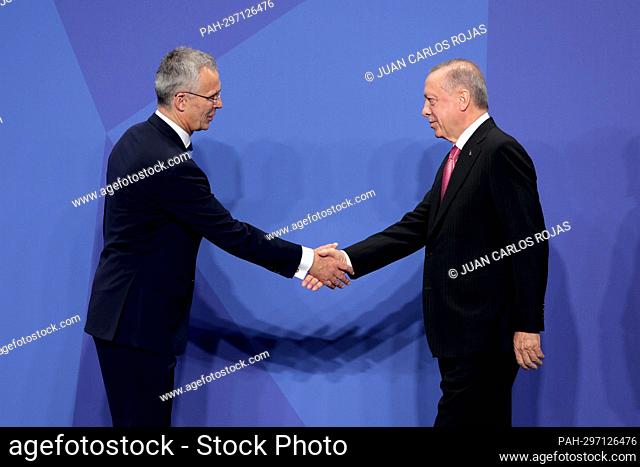 Madrid, Spain; 29.06.2022.- Recep Tayyip Erdogan President of Turkey. Jens Stoltenberg Secretary General of NATO and Pedro Sanchez President of Spain welcome...