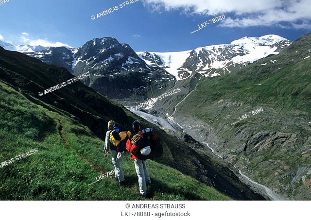 couple of mountaineerers on trail above glacier Gepatschferner, oetztal range, Tyrol, Austria