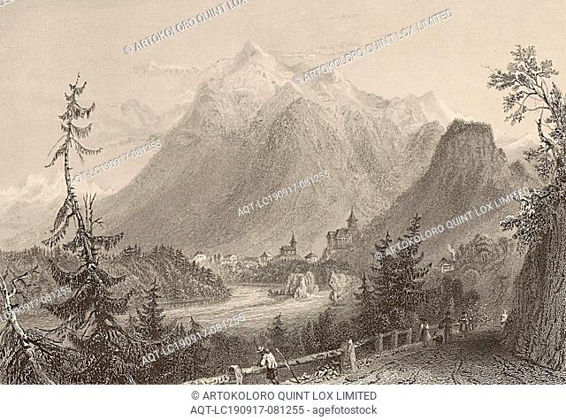 Entrance to Simmenthal. (Canton Bern), Kander with Wimmis and Niesen, Signed: W. H. Bartlett; W. J. Cooke, Plate 13, p. 86 (vol