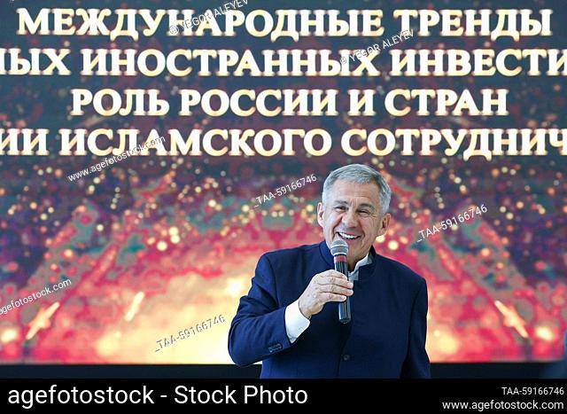 RUSSIA, KAZAN - MAY 18, 2023: Head of Tatarstan Rustam Minnikhanov speaks during Russia – Islamic World: KazanForum 2023, the 14th International Economic Forum