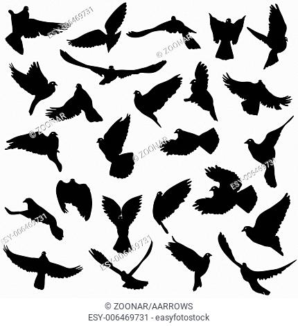 Concept of love or peace. Set of silhouettes of doves. Vector illustration