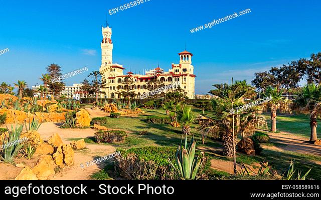 Day shot of Montaza public park with Royal palace and Palestine Hotel at far end, Alexandria, Egypt
