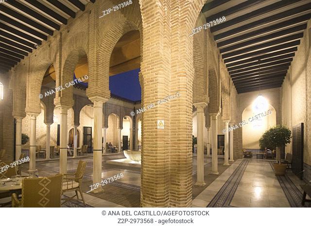 State run hotel Parador in Carmona, Seville province, Spain on October 8, 2017. Illuminated courtyard