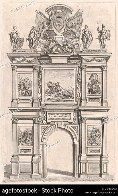 Plate 12: Triumphal arch, elevation of the back facade, surmounted with the arms of Ferdin.., 1636. Creators: Johannes Meursius, Willem van der Beke