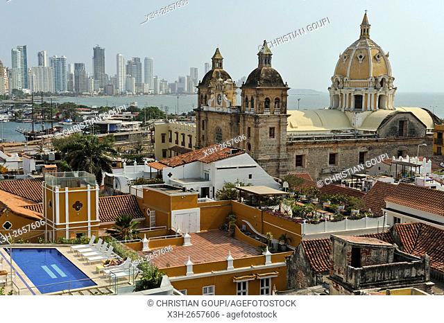 view toward the Church San Pedro Claver from the top of the Movich Hotel in the downtown colonial walled city, Cartagena, Colombia, South America