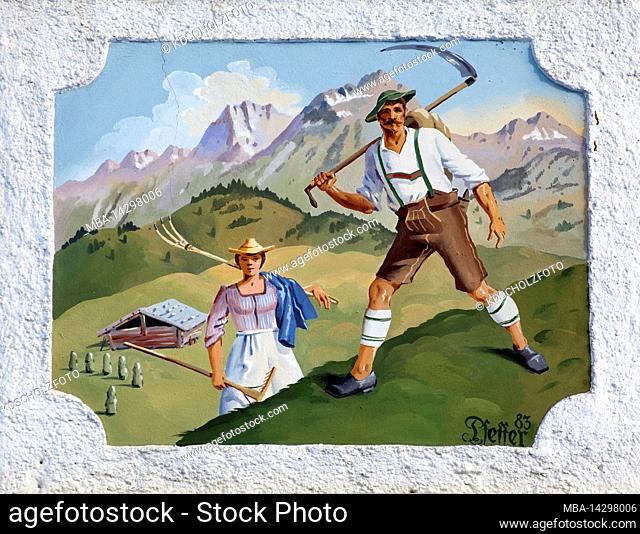 the work on the alpine pasture, alpine Lüftlmalerei (traditional painting) in Wallgau, Oberes Isartal, Upper Bavaria