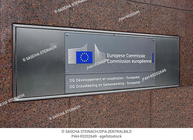 A sign featuring the EU logo at the entrance to the European Commission Directorate-General for International Cooperation and Development in the Belgian capital...
