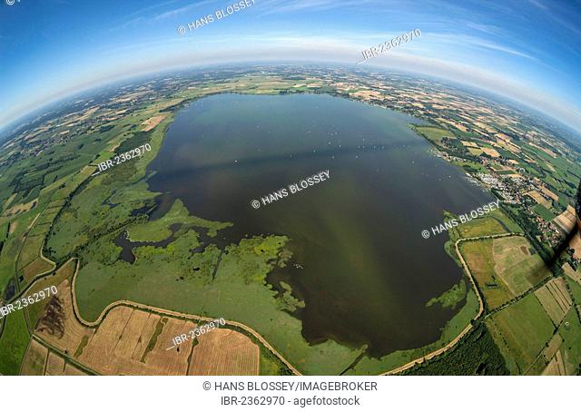 Aerial view, fisheye shot, Duemmer river and Duemmersee lake, North German Plain or Northern Lowland, Hunte, Bohmte, Lower Saxony, Germany, Europe