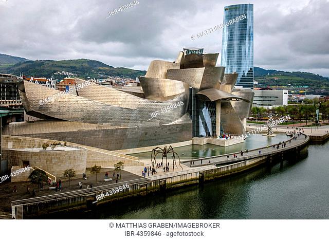 Guggenheim Museum Bilbao on the bank of the Nervion River, architect Frank O. Gehry, Bilbao, Basque Country, Spain
