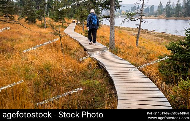 19 October 2021, Lower Saxony, Oderteich: Hikers walk on a footbridge at the Oderteich dam in the Harz National Park. Photo: Julian Stratenschulte/dpa