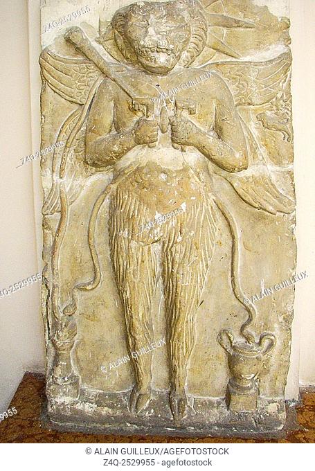Egypt, Alexandria, Graeco-Roman Museum, statue of Aion Chronos, a winged lion with goat-legs. He holds a scepter, keys and snakes