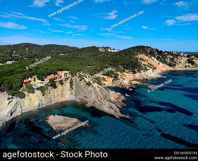 Aerial phto of Palma de Mallorca coastal seaside stony beaches turquoise colored Mediterranean Sea water panoramic waterside view from above, Balearic Islands