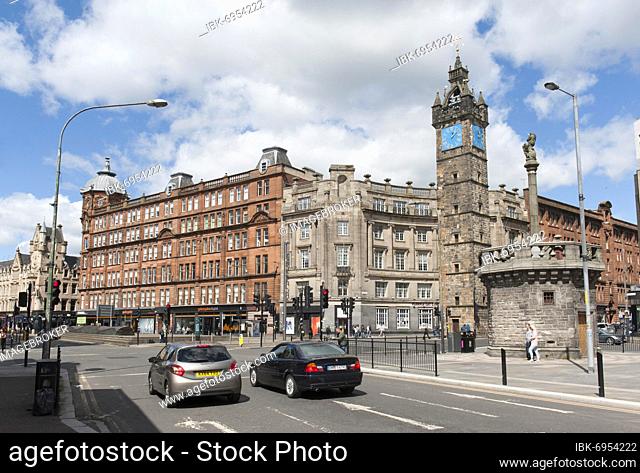 Merchant City Clock Tower, Tolbooth Steeple and Mercat Cross, Glasgow Cross, High St, Gallowgate, Old Town, City Center, Glasgow, Scotland, United Kingdom, UK